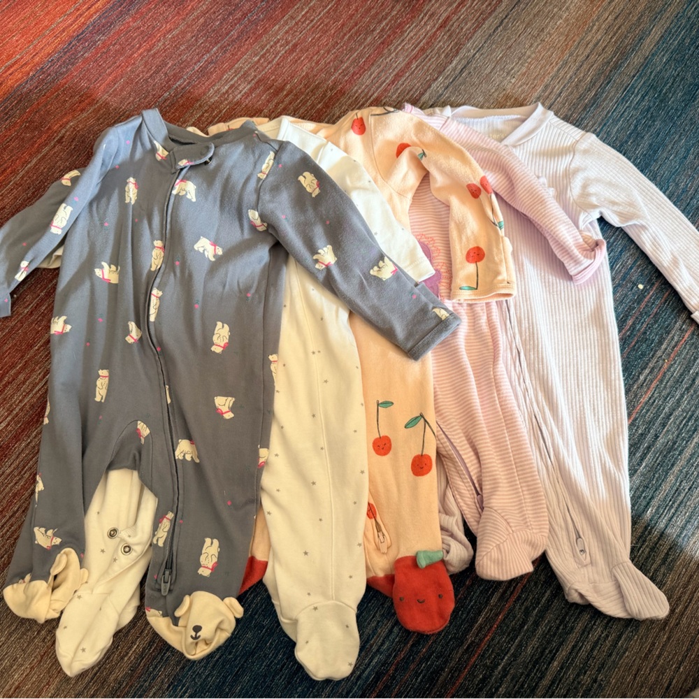 Baby Girls Footed Pajama Bundle - Gray Polar Bear & Pink Cherry Prints